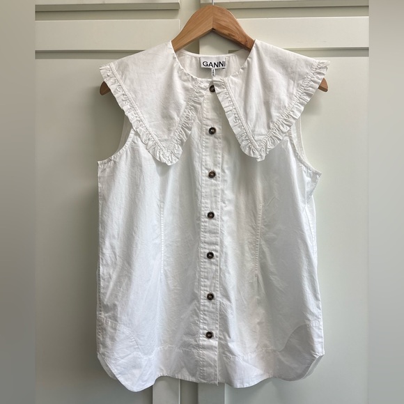 Ganni Cotton Poplin Sleeveless Frill Collar Shirt size 36 bright white Peter pan - Picture 9 of 13